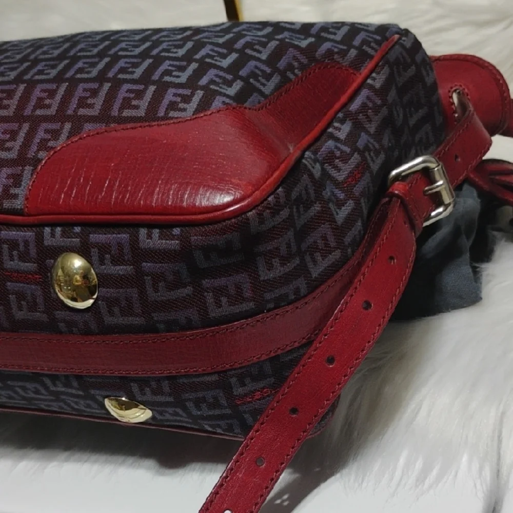 SALE! Fendi Zucchino Canvas Leather Purple/Red Color Combination 2Way & Dust Bag - Picture 9 of 16